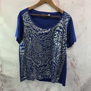 Bob Mackie Shirt Womens Medium Blue Sequin Leopard Cheetah Zebra Tee Artsy Art